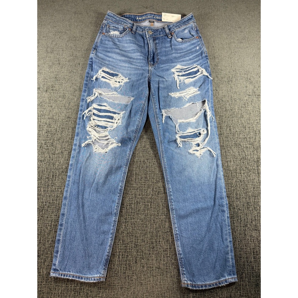 American Eagle Strigid Mom Jeans Medium Repair Crackle Distressed Blue Sz 4 S